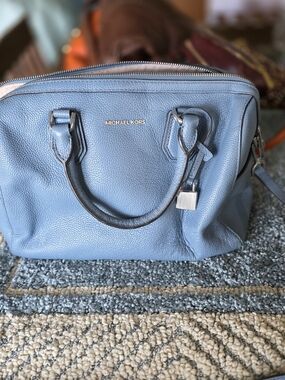 Michael Kors Light Blue Pebbled Leather Satchel with Silver Hardware